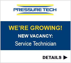 Pressure Tech logo and Text on a blue background reading: We're growing! New Vacancy: Service Technician