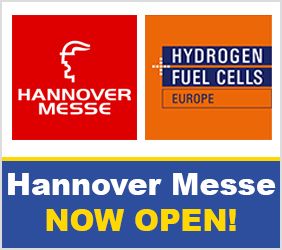 Hannover Messe and Hydrogen and Fuel Cells Europe logos with the words "Hannover Messe Now Open!"