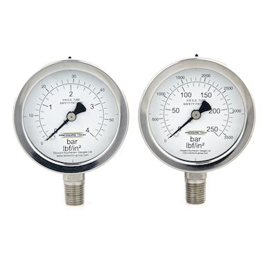 Two Pressure Tech 63mm dual scale gauges in stainless steel with 1/4" NPTM connections,