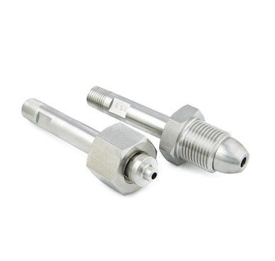 Two stainless steel bottle connectors for gas cylinders.