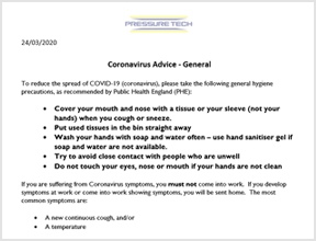 Pressure Tech's Coronavirus Advice Document