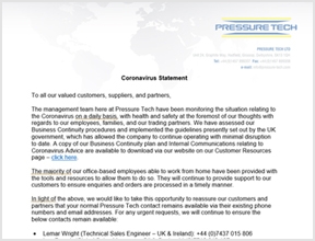 Pressure Tech Coronavirus Statement